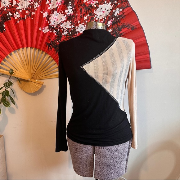 Black and Cream Ribbed Long Sleeve Shirt with Rhinestones - Picture 1 of 4